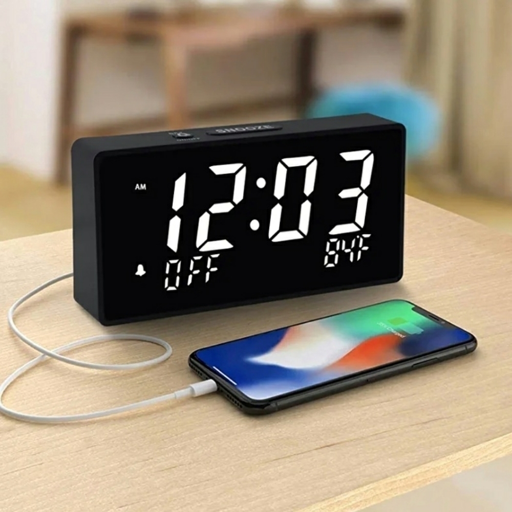 DUAL ALARM CLOCK Digital 24HR USB Charger Large Display Dimmable New